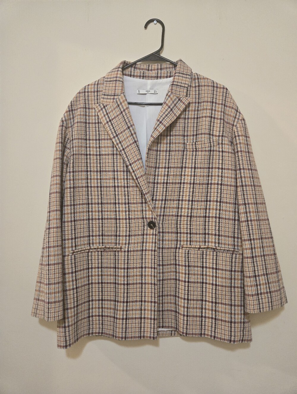 Oversized brown and beige plaid Mango single-button blazer, Size M